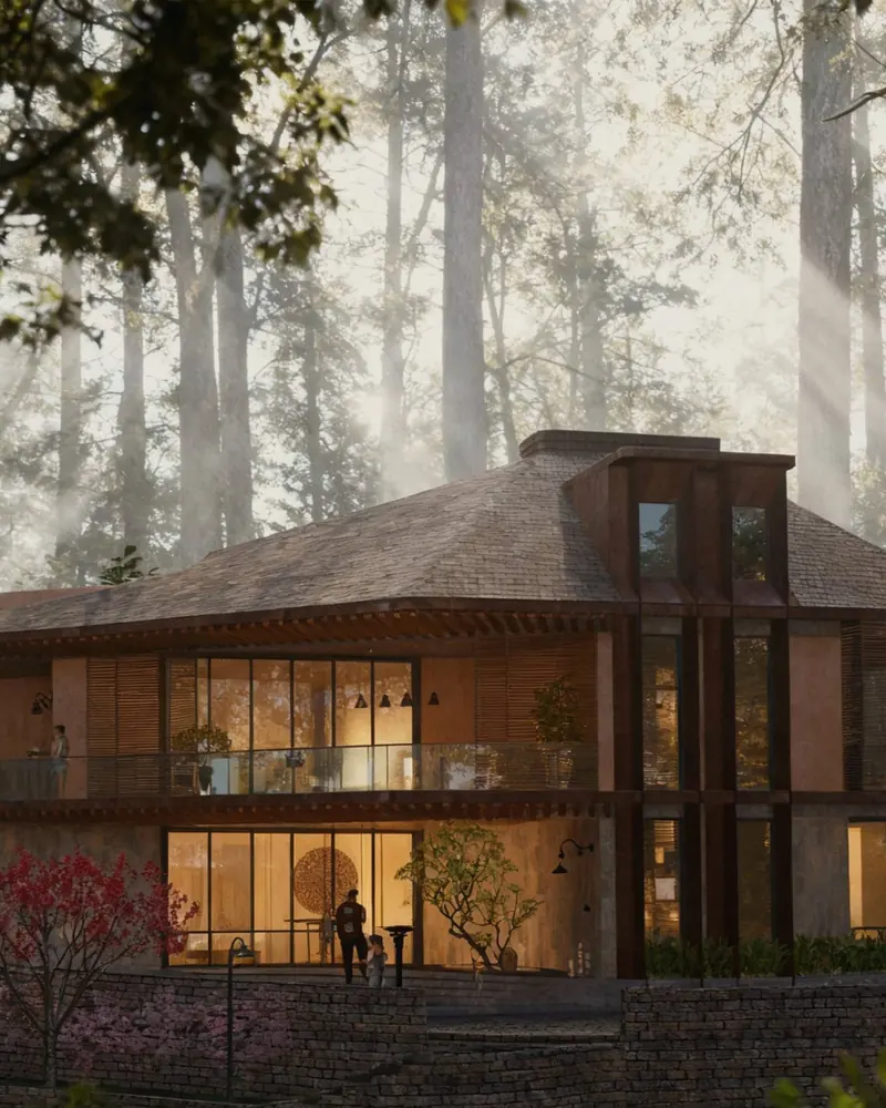 A villa glowing at dusk beneath tall pines