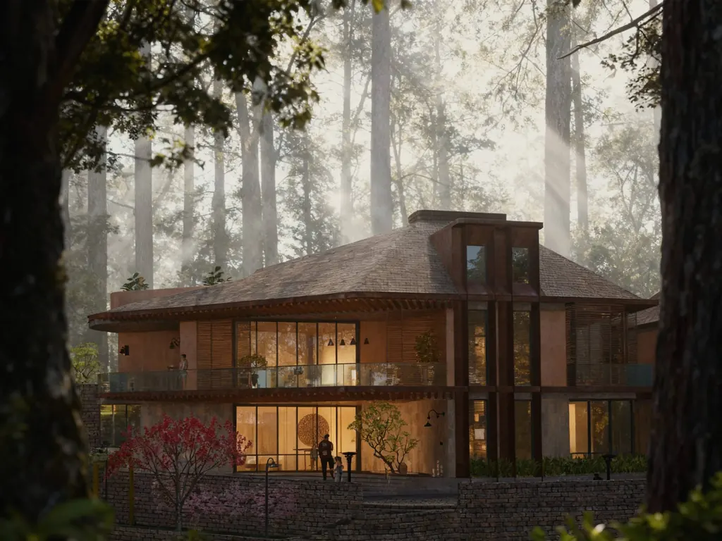 A villa glowing among tall pines