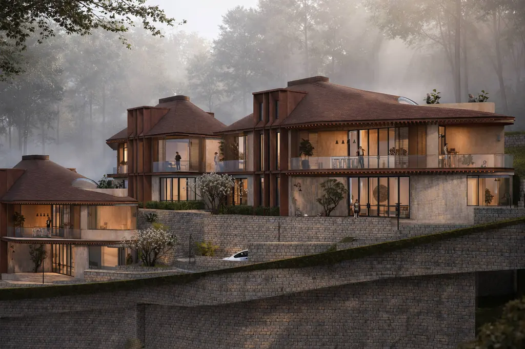 The villas rising across landscaped stone terraces