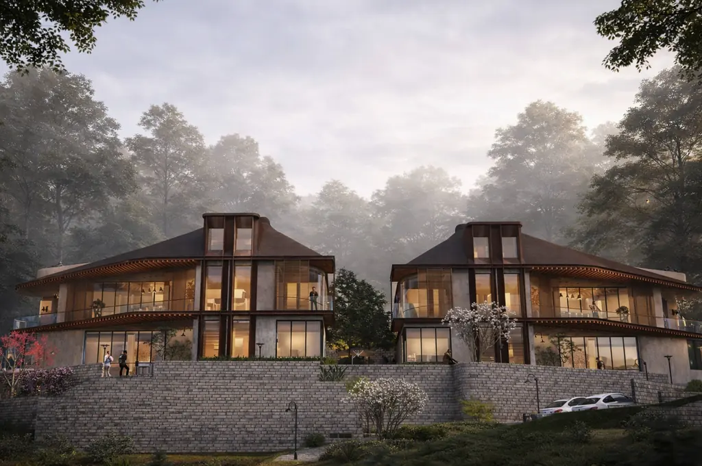 Villas 1 and 2 side by side above the stone terraces