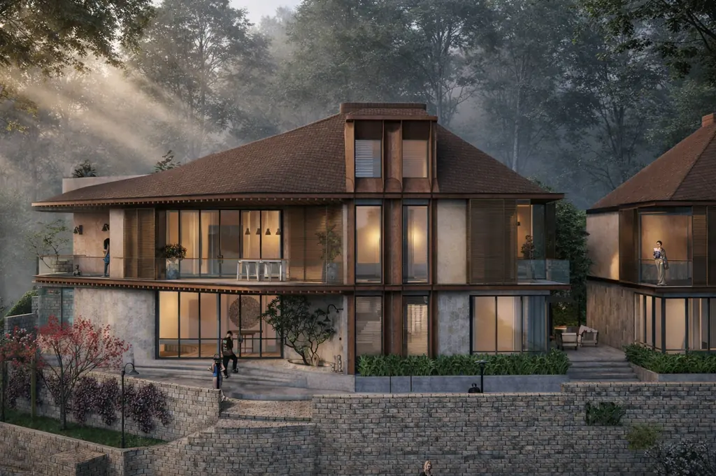 Villa Petra, a four-bedroom villa with timber screens, stone walls and warm light