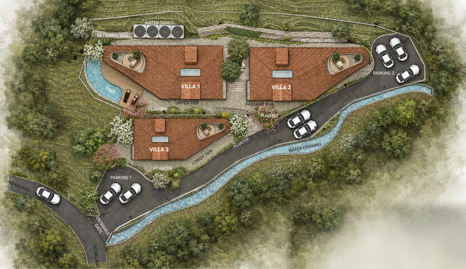 Illustrated master plan of the Crestwood estate: three villas on two landscaped tiers, a pool terrace, private parking courts, a water channel and a gated entrance