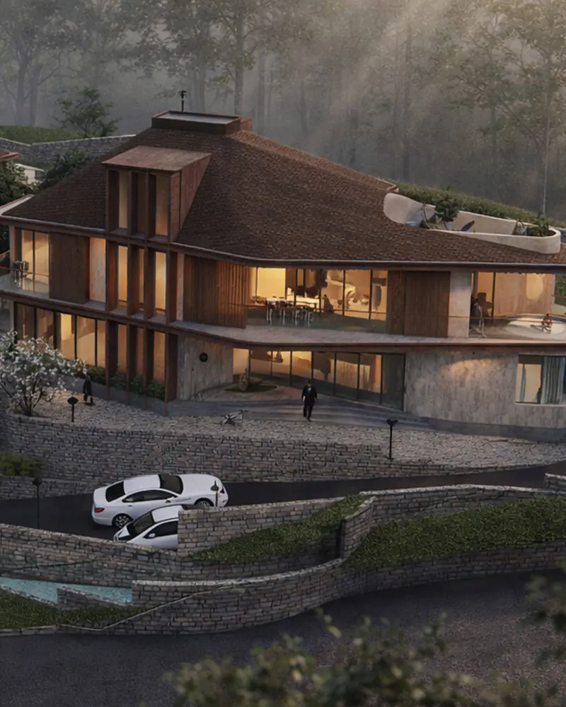 Villa Cortina at dusk, with warm light across its two glazed levels and curved balconies