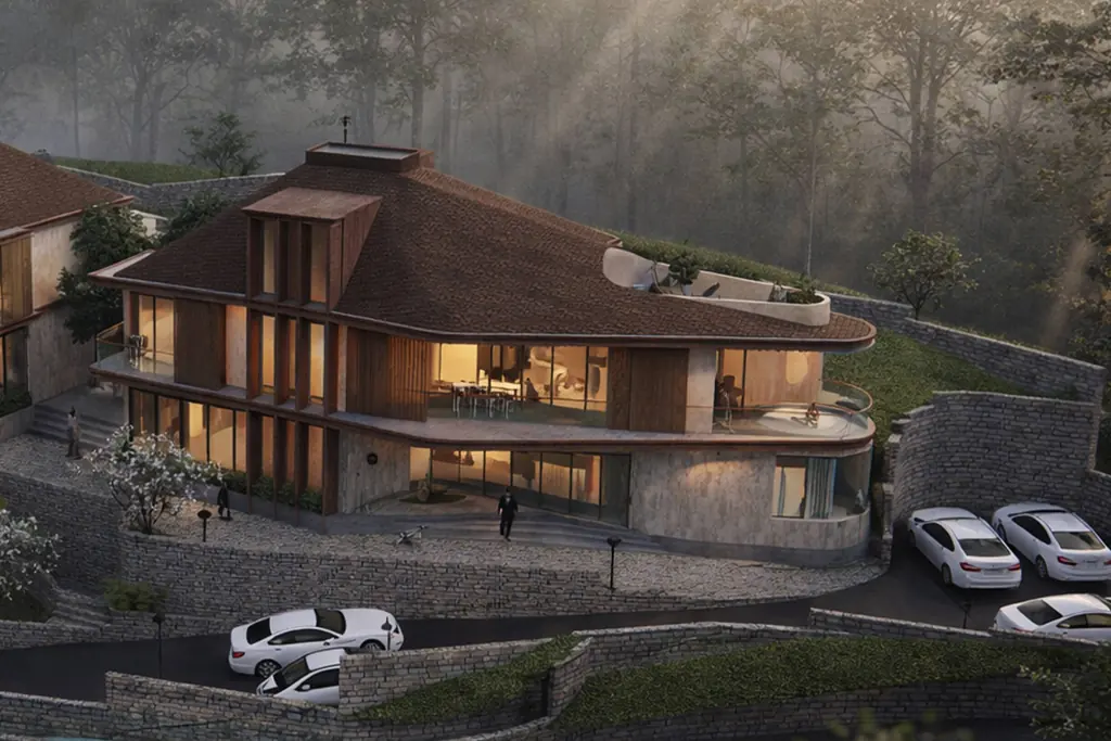 Villa Cortina at dusk, warm light across its glazed levels and curved balconies